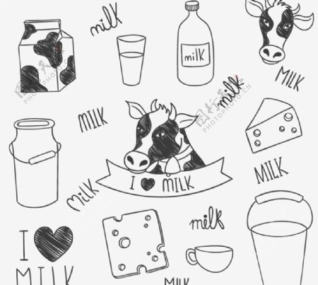手绘奶牛与牛奶制品图片