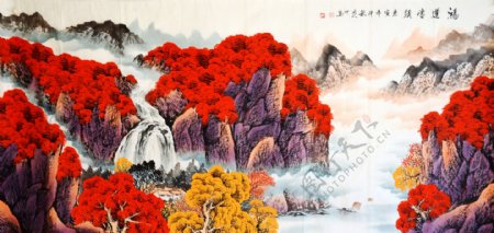 红枫山水画图片