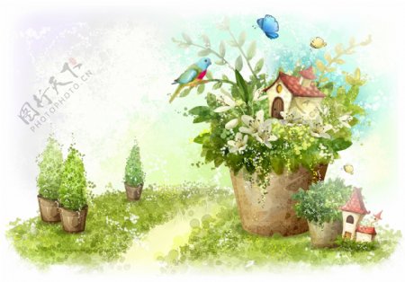 手绘水彩盆栽房屋插画图片