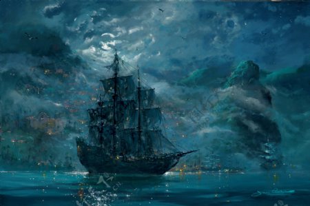 月夜帆船油画风景图片