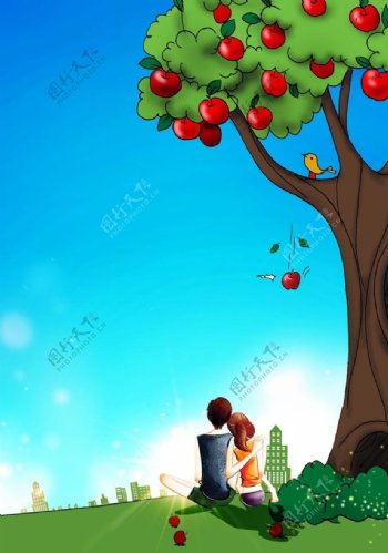 手绘爱情苹果树图片