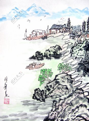 江村渔舟图片