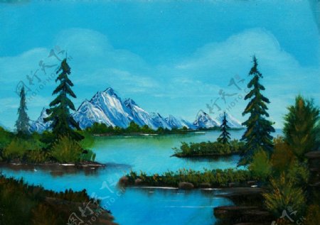 油画雪山湖泊图片