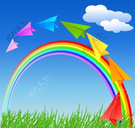 草地纸飞机彩虹背景图片