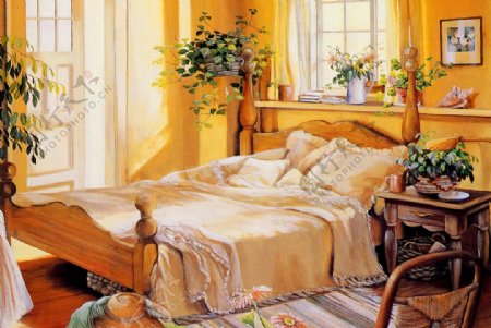 油画温馨的睡房图片