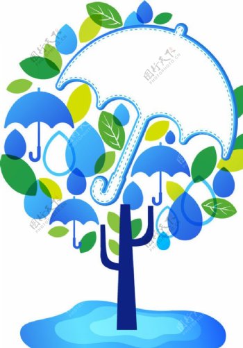 蓝色树木插画伞状边图片
