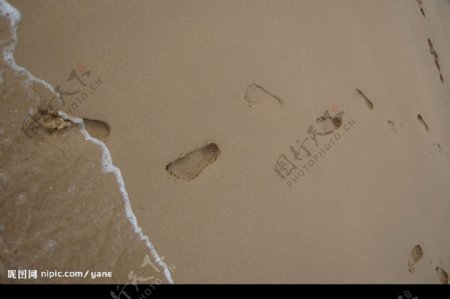 海水沙滩脚印图片