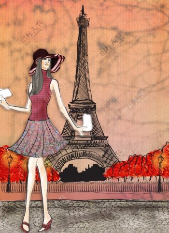 美女卡通与巴黎铁塔图片