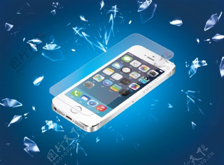 手机蓝色背景玻璃飞溅图片