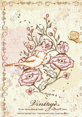 古典花纹花朵小鸟图片