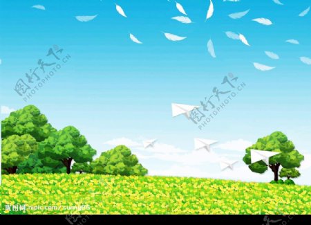 蓝天白云绿花草地绿飞机创意卡通图图片