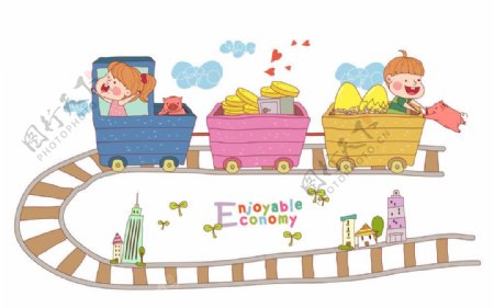 孩子坐火车在铁轨上跑图片