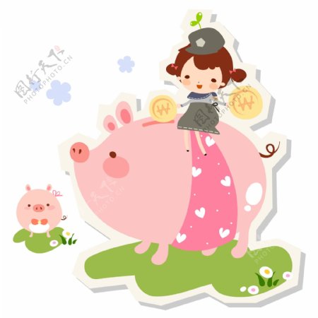 骑着储藏罐小猪的女孩图片