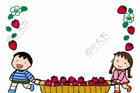 幼儿园幼教卡通小孩运草莓边框图片