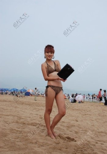 泳装美女笔记本电脑海边写真图片