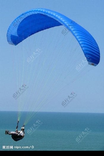 海面上蓝色滑翔伞图片