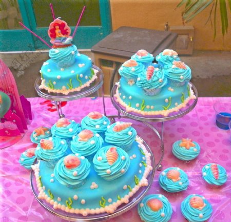 美人鱼蛋糕生日蛋糕贝壳神话传说奶油忌廉麦芬玛芬蓝色蛋糕架图片