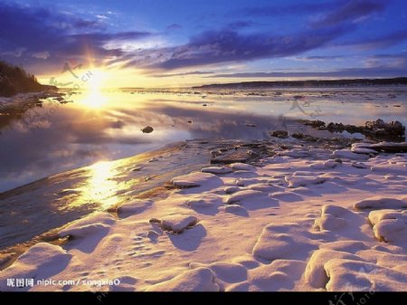 晨光雪地海图片
