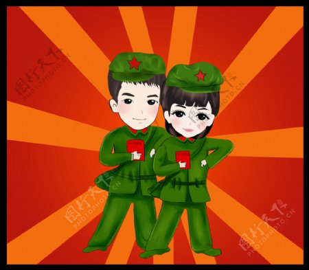 可爱的红军Q版情侣卡通图片