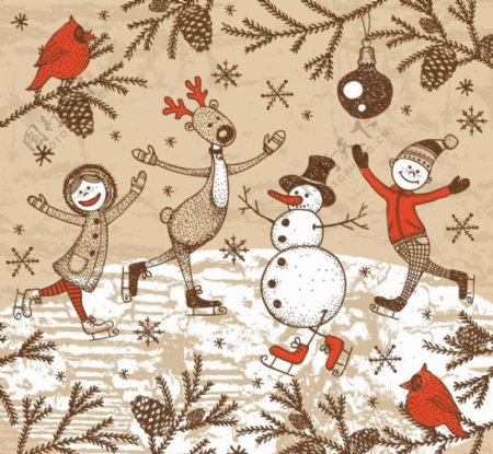 快乐儿童雪人小鸟圣诞背景图片