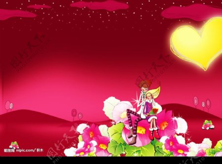 卡通类型坐在花上的情人赏月分层素材图片