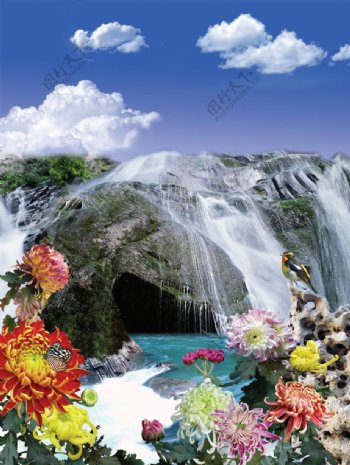 瀑布菊花美丽风景素材图片