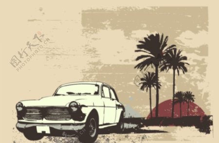 复古风格汽车椰子树图片