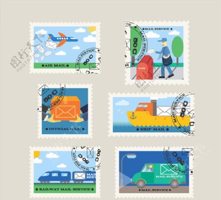 6款创意邮票设计矢量素材