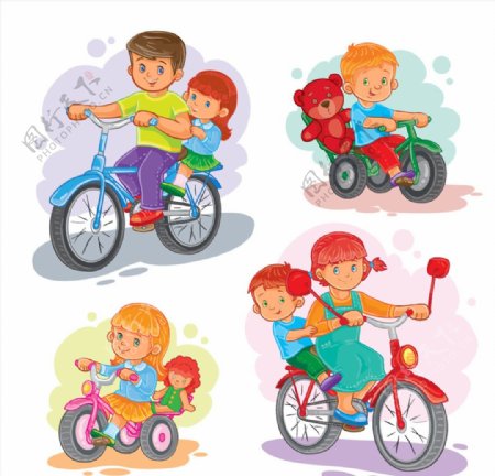 四款多彩卡通儿童骑单车矢量素材