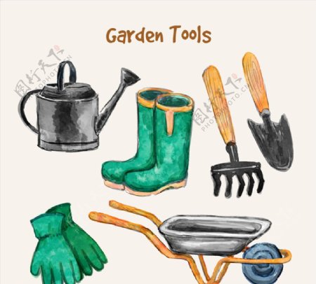 6款水彩绘花园工具矢量素材