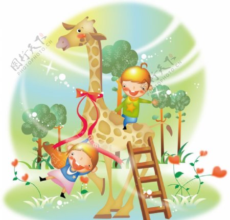 骑在长颈鹿身上的卡通儿童