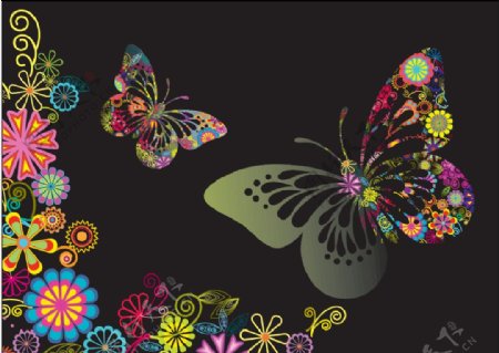 淡彩花与蝶