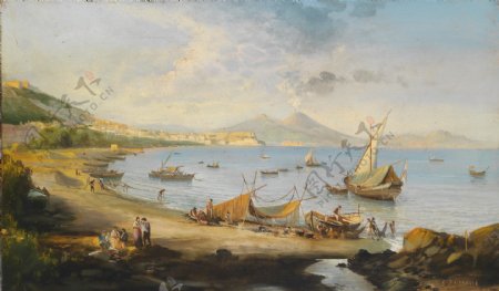 欧洲风景大海帆船油画