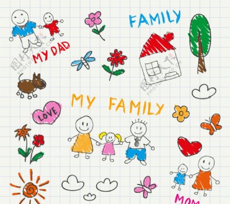 儿童手绘风格家庭插画矢量素材