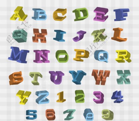 彩色立体字母与数字矢量图