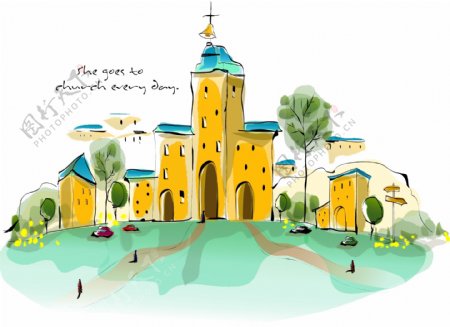 水彩建筑插画教堂