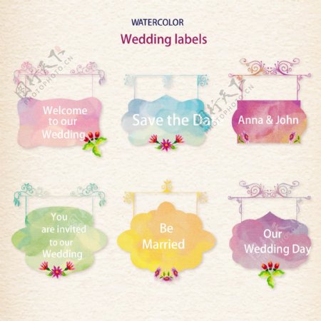 6款水彩绘招牌式婚礼标签矢量素