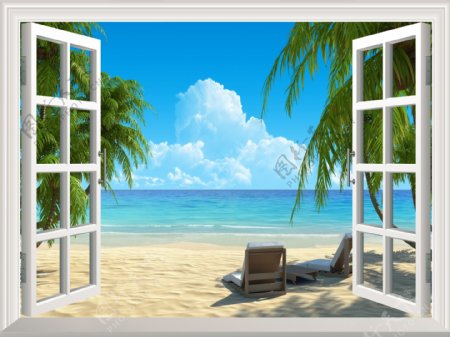 3D窗户大海沙滩椰树背景