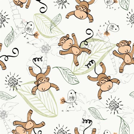 卡通猴子植物四方连续底纹