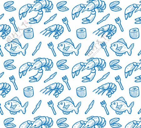 蓝色海鲜食品无缝背景矢量图