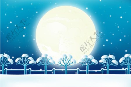 雪夜月光树木矢量素材