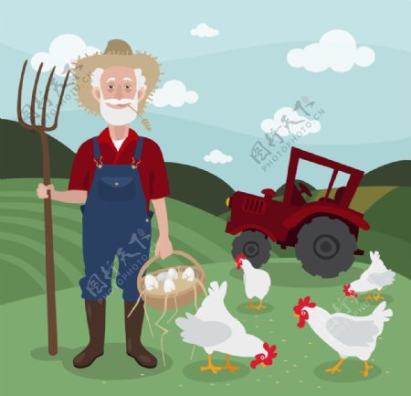 农民在一个农场景观与鸡