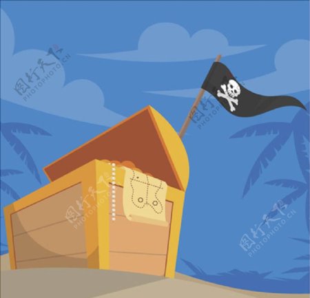 卡通海盗旗帜和宝箱