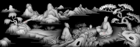 人物山水风景浮雕灰度图