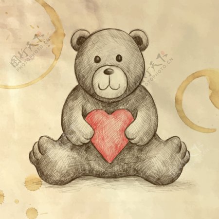 手绘素描情人节泰迪熊捧心