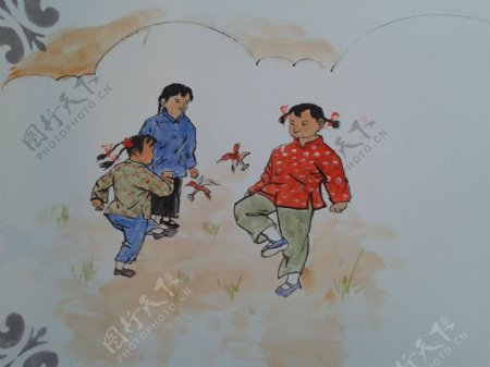 中国传统游戏踢毽子绘画