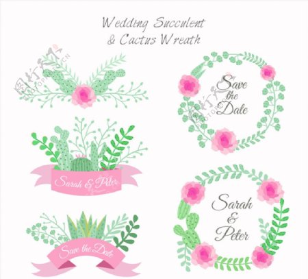 5款彩绘婚礼花环与标签矢量图