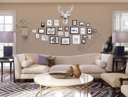 现代客厅白色鹿头相框背景