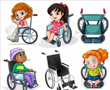 卡通儿童节坐轮椅的孩子