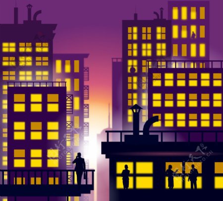 城市剪影夜幕剪影紫色背景